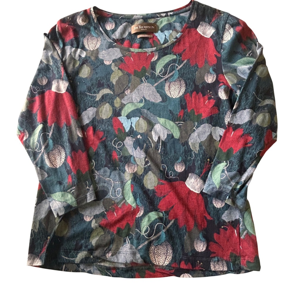 Jim Thompson Floral Top Large Teal Red Pima Cotton‎ Slim Fit Long Sleeve
